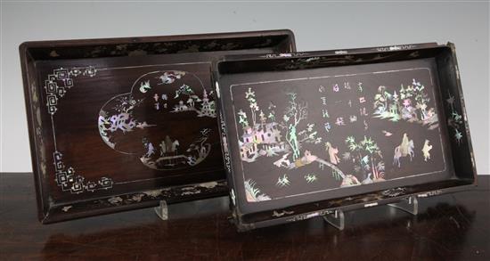 Two Chinese rosewood and mother of pearl inlaid rectangular trays, late 19th century, 30.5cm, one with slight faults